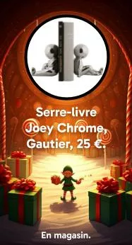 1 : Serre livre Joey Chrome, Gautier, 25 €, en magasin. https://www.gautier.fr/fr_FR/