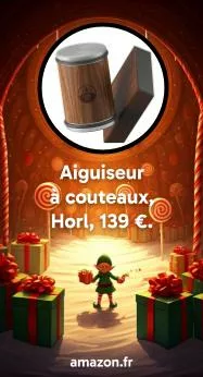 16 : Aiguiseur à couteaux, Horl, 139 €. https://www.amazon.fr/HORL-Aiguiseur-noyer-tranchant-daiguisage/dp/B08JYKN185/ref=asc_df_B08JYKN185?mcid=b56f6261a663318ba5aa75ac8aecfad0&tag=googshopfr-21&linkCode=df0&hvadid=701572089839&hvpos=&hvnetw=g&hvrand=3381834365442009745&hvpone=&hvptwo=&hvqmt=&hvdev=c&hvdvcmdl=&hvlocint=&hvlocphy=9196319&hvtargid=pla-1059038763779&psc=1&hvocijid=3381834365442009745-B08JYKN185-&hvexpln=0